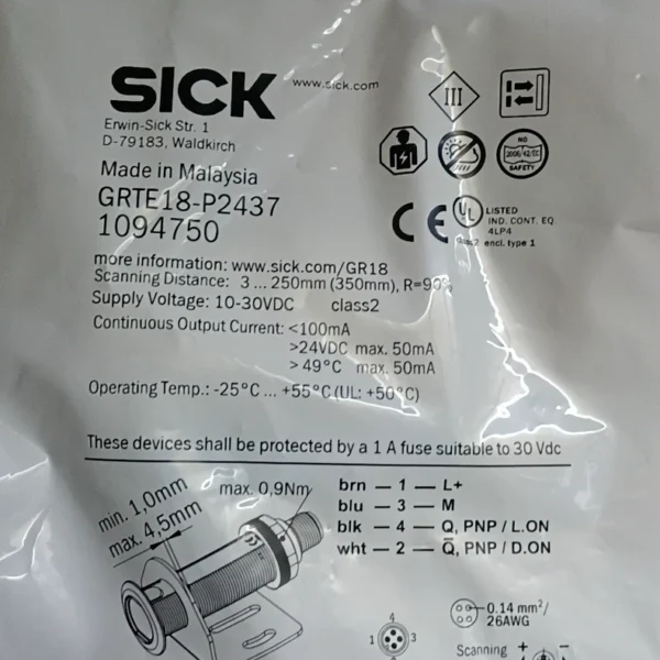 Brand new original SICK photoelectric sensor GRTE18-P2437, made in Malaysia, order number 1094750. In stock: 7. Need to contact!