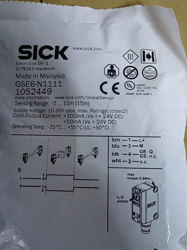 SICK photoelectric sensor GSE6-N1111, Made in Malaysia, order number 1052449, brand new original authentic product, in stock, need to contact!
