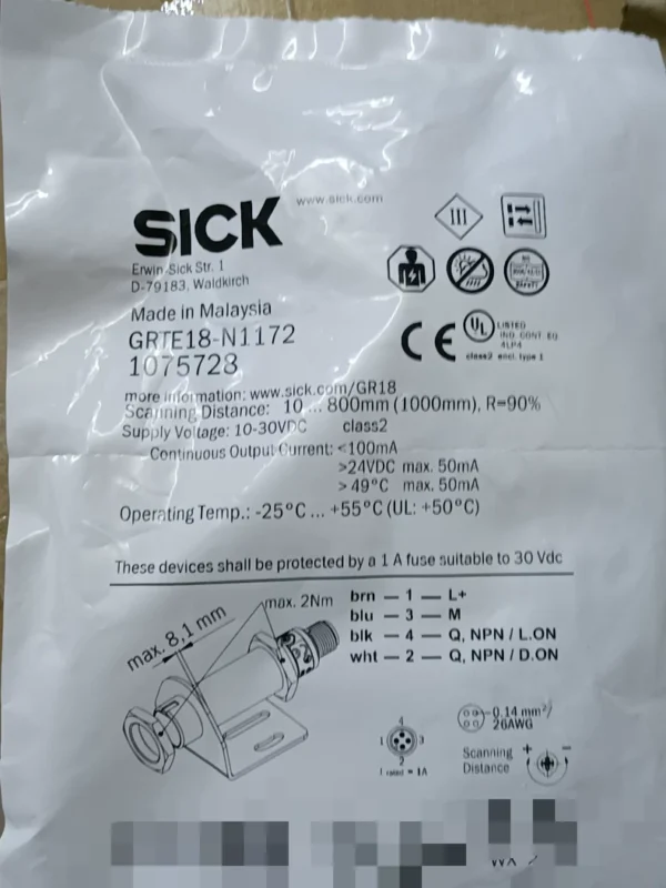 New SICK photoelectric sensor GRTE18-N1172, made in Malaysia, order number 1075728, stock available, 2 units needed, please contact!