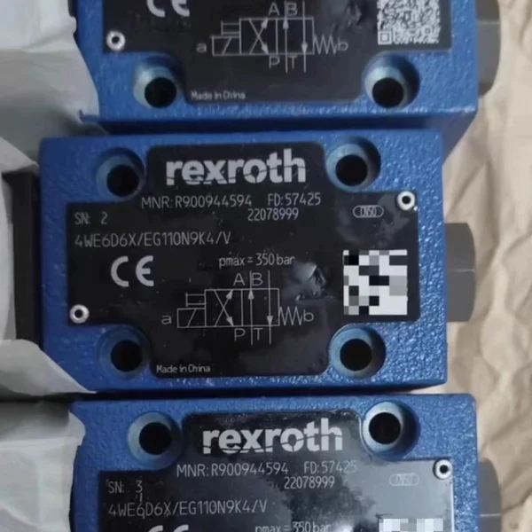 Rexroth solenoid directional valve 4WE6D6X/EG110N9K4/V, guaranteed brand new in stock, model R900944594, rated pressure 350bar, suitable for hydraulic presses/oil presses, welcome to consult.