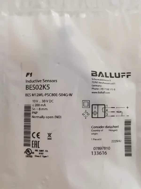 Brand new original BALLUFF Inductive Sensor BES02K5 BES M12ML-PSC80E-S04G-W. Operating voltage 10V to 30V DC, PNP, normally open (NO), sensing distance Sn=8mm. Made in Germany, quality guaranteed. Due to excessive inventory, now transferring at a low price. Interested friends can private message me.
