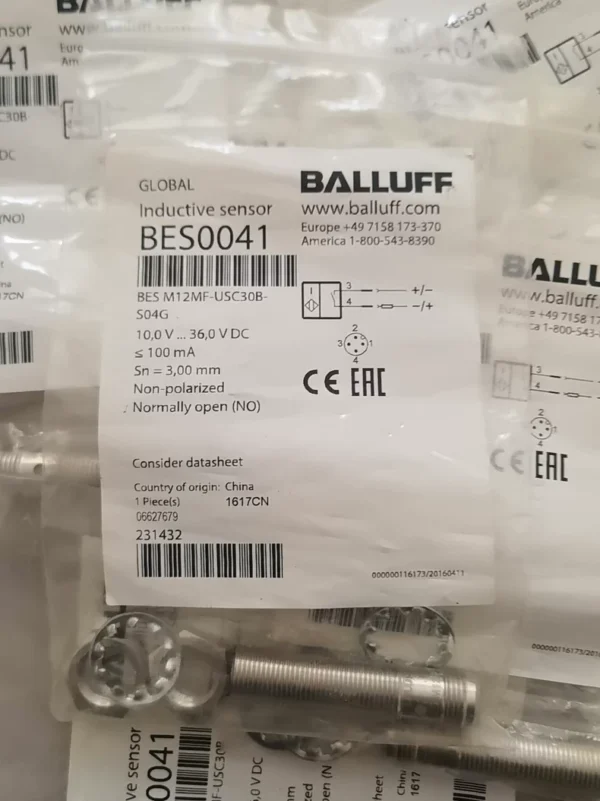 Brand new original BALLUFF BES0041 BES M12MF-USC30B-S04G proximity sensor, 10V-36V DC, ≤100mA, non-polarized, normally open (NO). Friends in need please contact as soon as possible, no returns or exchanges after sale! Not the actual price