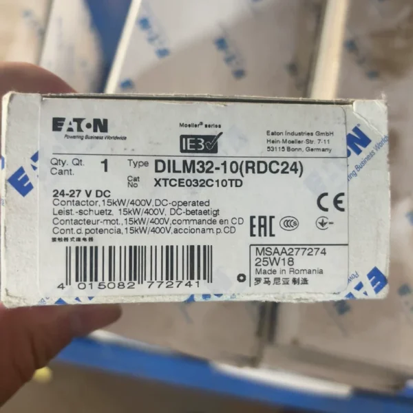 Eaton Contactor DILM32-10(RDC24), 24-27V DC, Made in Romania. Brand new original authentic product, model XTCE032C10TD, 15kW400V. Packaging is intact, inspection is supported, price is negotiable. More favorable for same-city self-pickup, interested friends are welcome to private message for consultation!