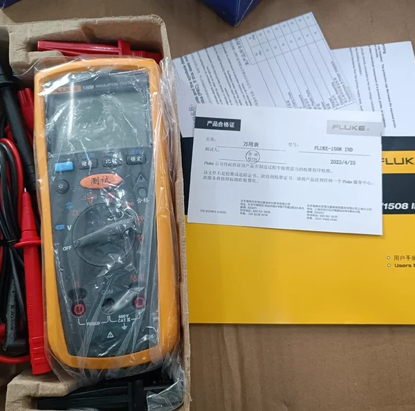 O1CN01drFV5J2APp0Q6dSyq_0-fleamarket.jpg_790x10000Q90.jpg_.webp Fluke 1508 IND Insulation Resistance Tester (Digital "Megohmmeter") Fluke 1508 IND In Stock in Large Quantities The 1508 IND Insulation Resistance Tester is tailor-made for industrial enterprise users. Building on the original guarantees of precision, durability, safety, and ease of use, it has been upgraded again, extending the warranty period to 5 years and upgrading the test accessories. The large alligator clip set can measure more target scenarios. Key Features Insulation testing from 0.01 MΩ to 10 GΩ Remote test probe for easier repetitive testing or testing of hard-to-reach test points Insulation test voltages: 50 V, 100 V, 250 V, 500 V, and 1000 V for various applications Pass/Fail (comparison) function simplifies repetitive testing Save/Recall function with 19 storage units saves time and labor AC/DC voltage: 0.1 V to 600 V Resistance: 0.01 Ω to 20.00 KΩ Auto power-off function to save battery power CAT IV 600 V measurement safety rating for enhanced personnel protection Included accessories: Test leads, test probes, remote test pens, alligator clips 5-year warranty