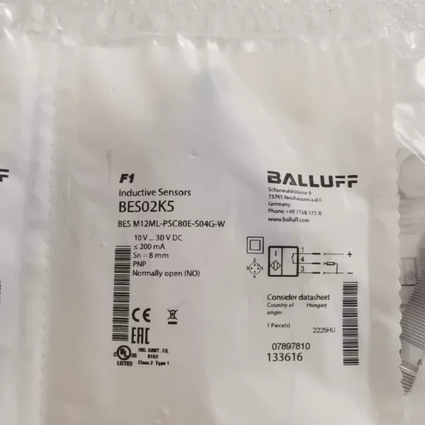Brand new original BALLUFF Inductive Sensor BES02K5 BES M12ML-PSC80E-S04G-W. Operating voltage 10V to 30V DC, PNP, normally open (NO), sensing distance Sn=8mm. Made in Germany, quality guaranteed. Due to excessive inventory, now transferring at a low price. Interested friends can private message me.