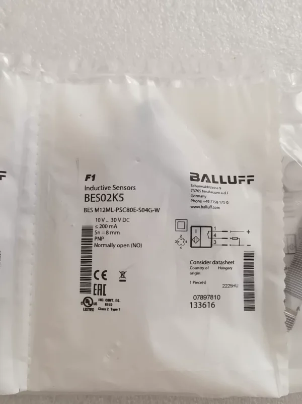 Brand new original BALLUFF Inductive Sensor BES02K5 BES M12ML-PSC80E-S04G-W. Operating voltage 10V to 30V DC, PNP, normally open (NO), sensing distance Sn=8mm. Made in Germany, quality guaranteed. Due to excessive inventory, now transferring at a low price. Interested friends can private message me.